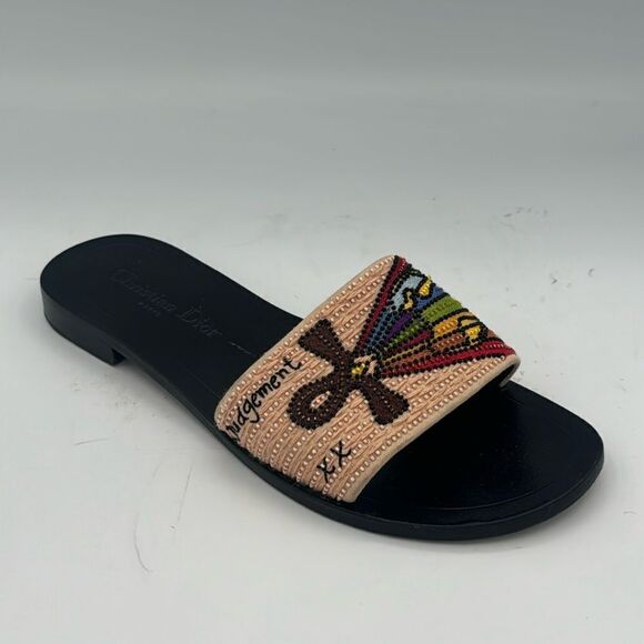 CHRISTIAN DIOR Multicolor Beaded Tarot Card Slide Sandals Size 37.5/ US 7.5 - Picture 2 of 11